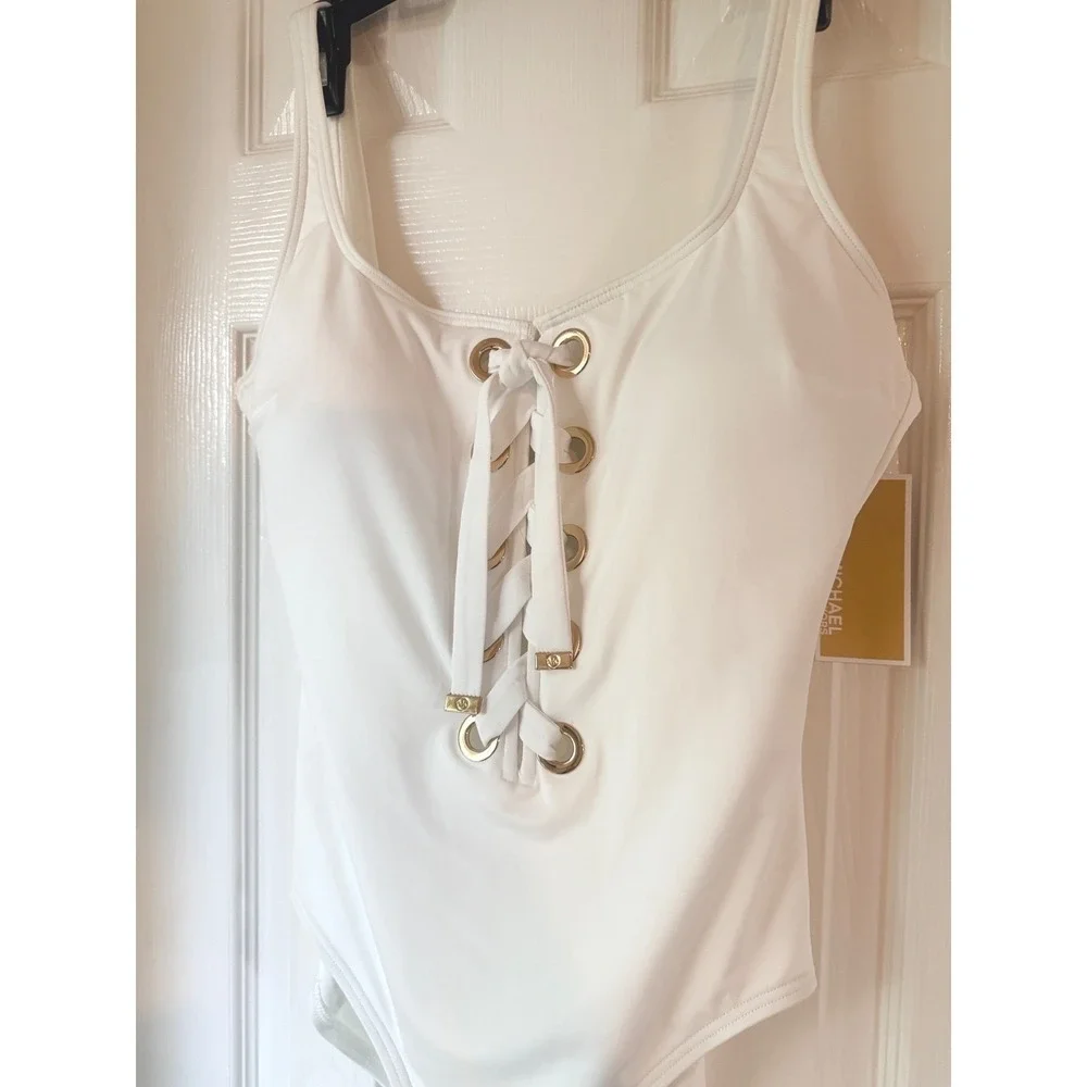 Michael Kors White Lace Up Grommet One Piece Swimsuit MM3Q456‎ Womens Size 4 NEW